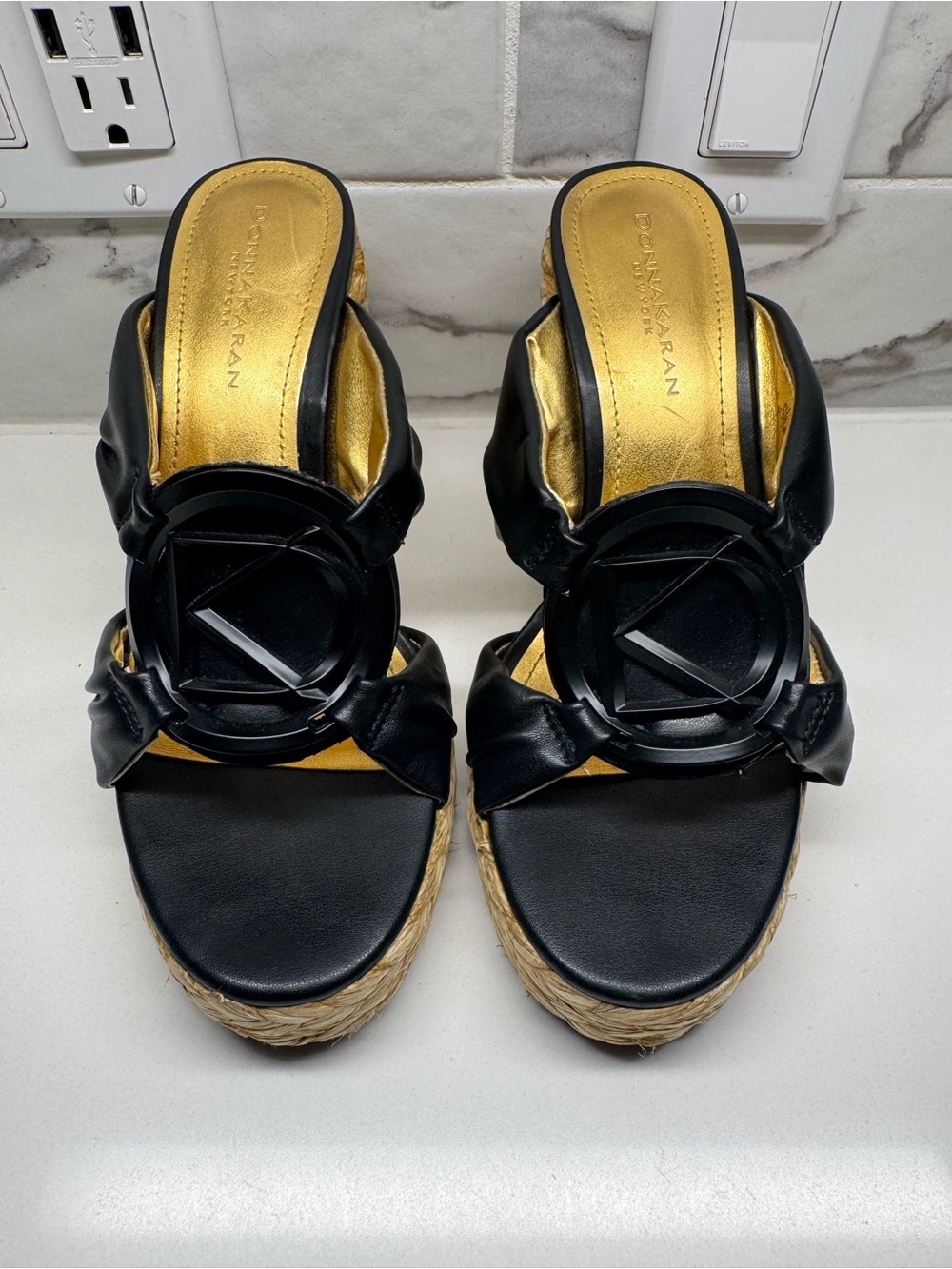 Donna Karan Black Leather Logo Platform Wedge Espadrille Sandal